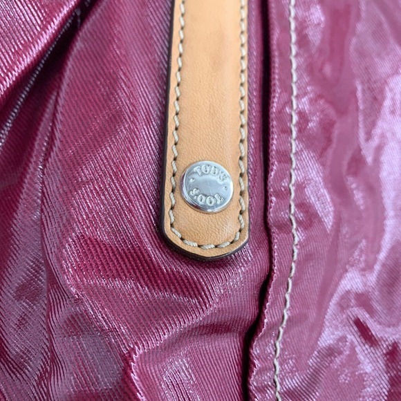 TOD'S Shoulder Hand Bag Purple Maroon PVC Leather Brown Accents Purse Pocketbook - Picture 7 of 16